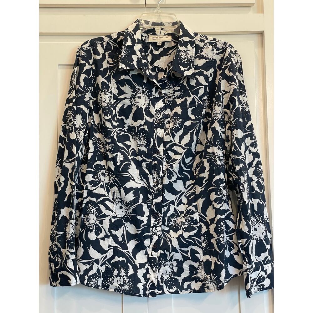 Jones New York Sport Navy/White Floral button up blouse XL 100% Cotton